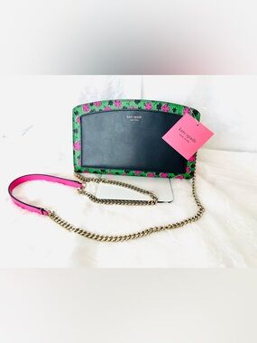 kate spade Black Leather Crossbody with Green and Pink Floral Trim
